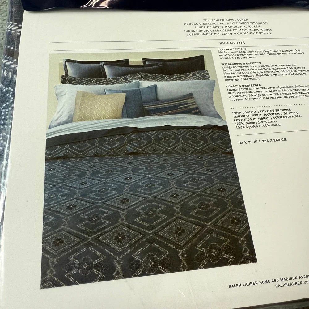 Ralph Lauren Francois‎ Full Queen Duvet Cover Blue Geometric Diamond Pattern
